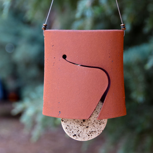 Modern Ceramic Wind Chime in Terra Cotta with Speckled Black and White Clapper